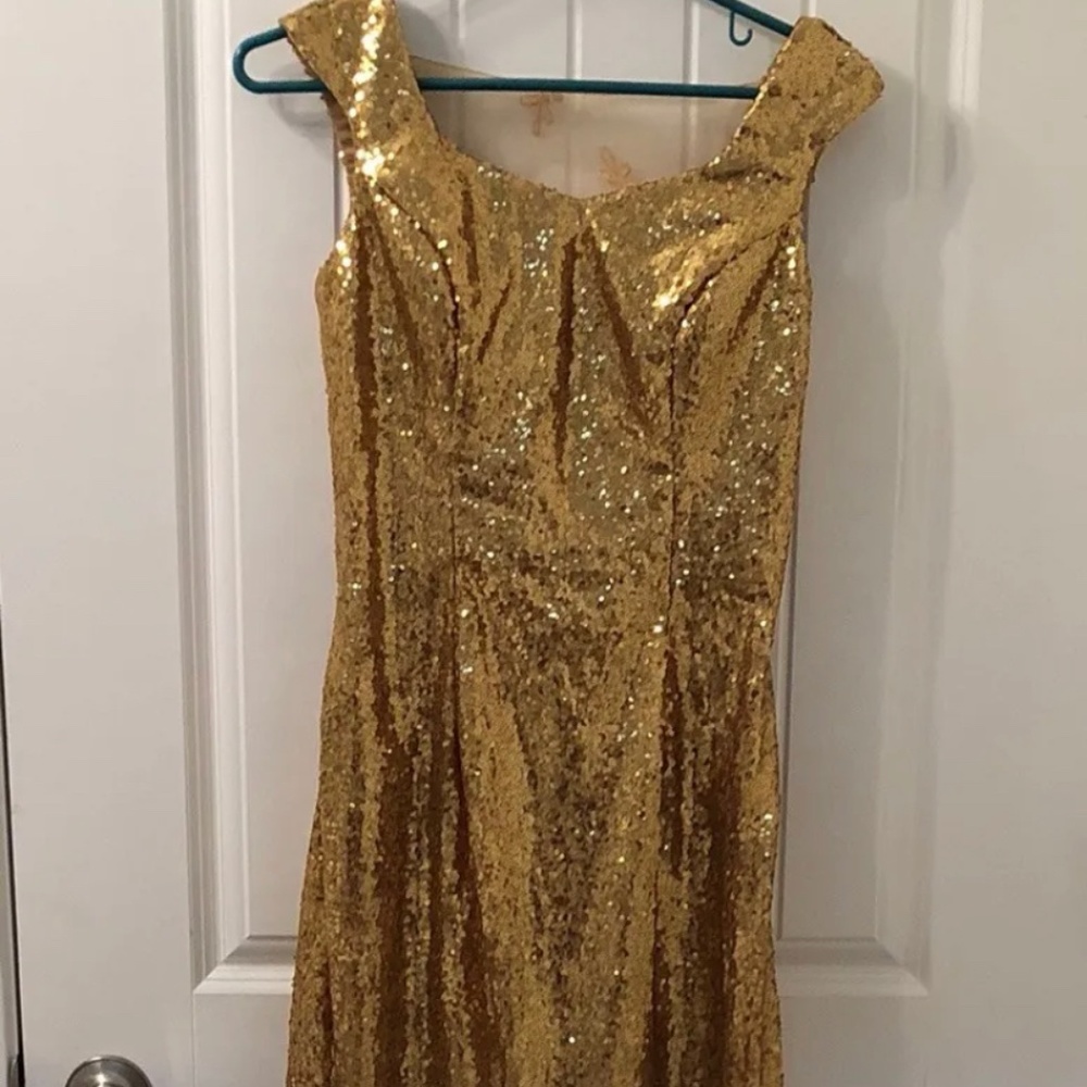 Gold sequin long Christmas Ball gown floral party prom dress